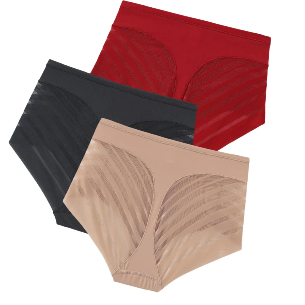 Set of three medium waist shaper fajas from Corporación Turística, showing different styles and fit on models.