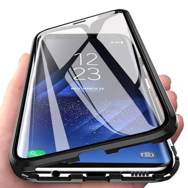 Magnetic metal protective case for smartphone, 360° coverage, black finish, designed by Corporación Turística.