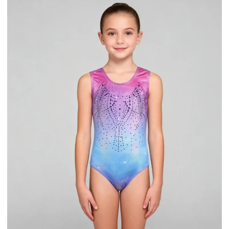 Danza ajustada maillot con estampado en caliente, Corporación Turística, close-up of colorful fitted dance leotard.