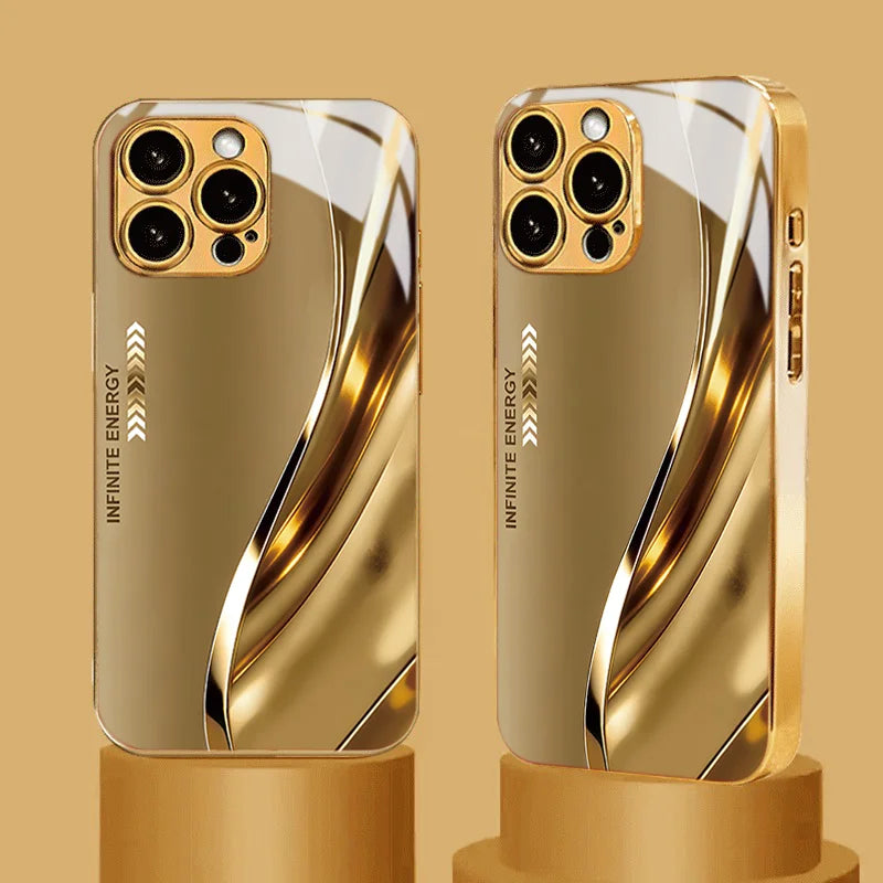 Tempered glass protective case with curved metal edges, designed by Corporación Turística, shown on a smartphone in the image.