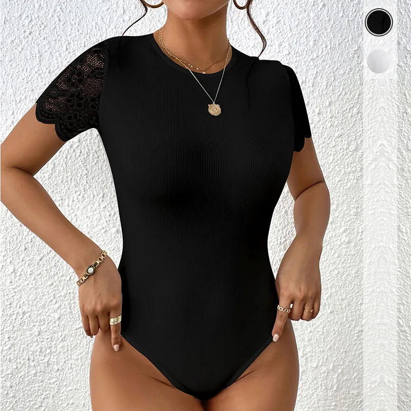 Body de encaje sexy de manga corta para mujer, negro y bl...
