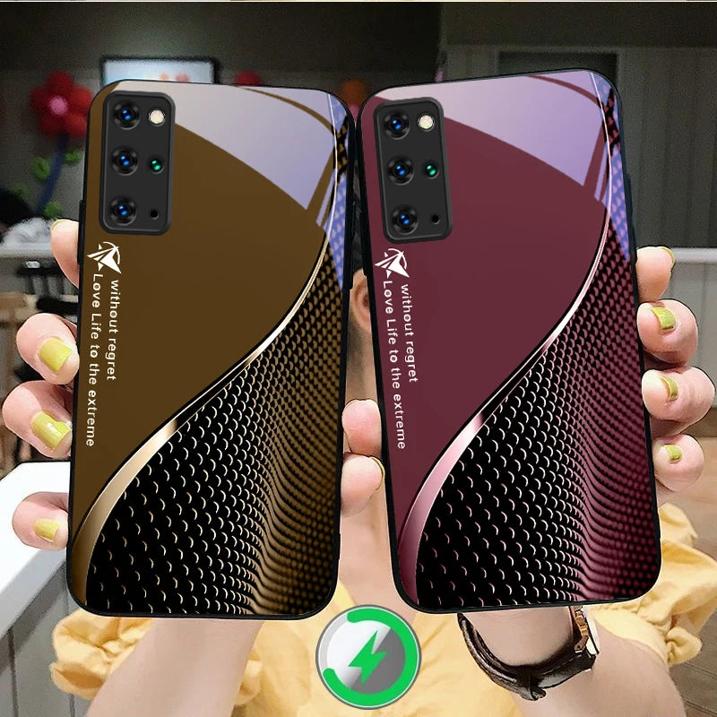Clear MagSafe glass phone case with gradient effect for iPhone, showcasing sleek design and protective features.