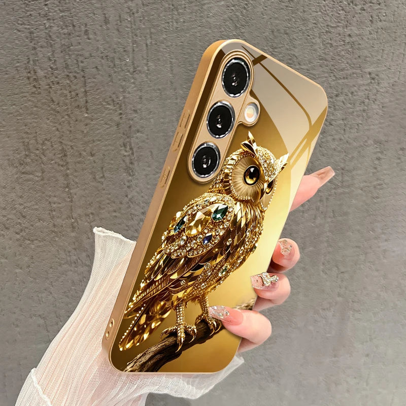Colorful 2D owl-themed phone case with gem accents for Samsung phones, featuring vibrant design and protective material.