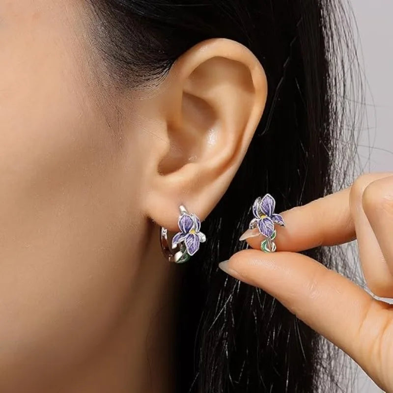 Pendientes de Plata de Ley 925 con Diseño de Flor e Iris ...