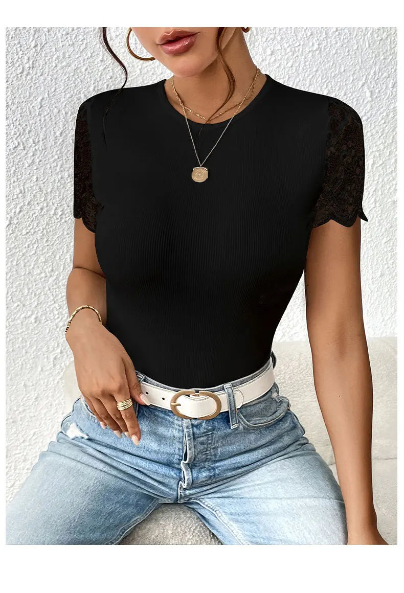 Body de encaje sexy de manga corta para mujer, negro y bl...