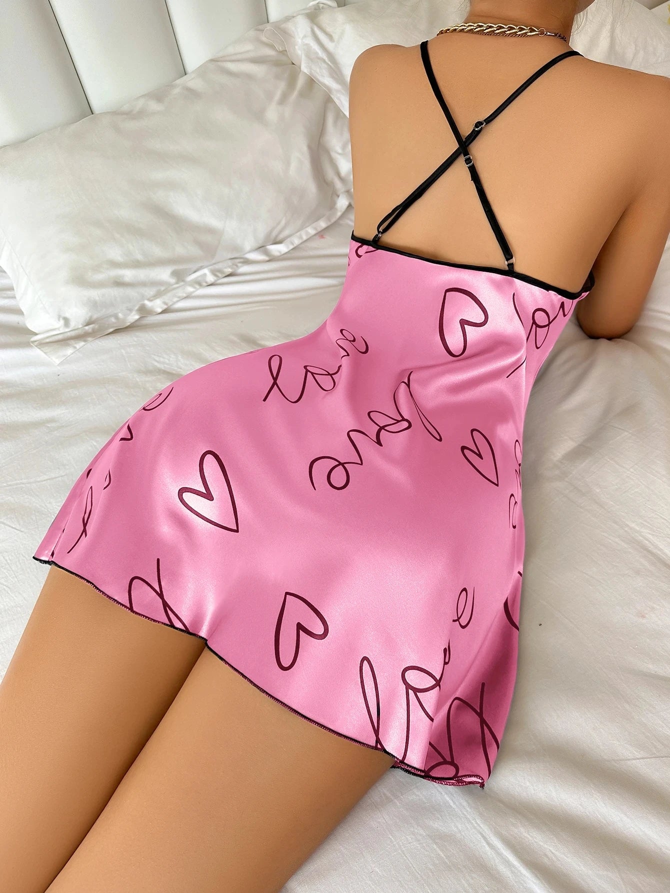 Camisón con estampado de letras de corazón para mujer, ve...