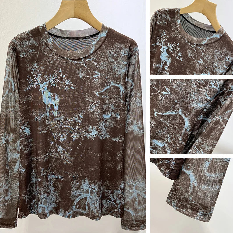 Female lace blouse with round neckline, from Corporación Turística, featuring delicate lace fabric and a classic fit.
