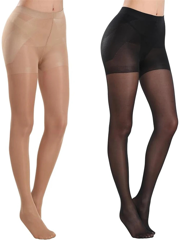 Pair of black transparent 40D women's tights from Corporación Turística, showing smooth, sheer nylon fabric and elastic waistband.