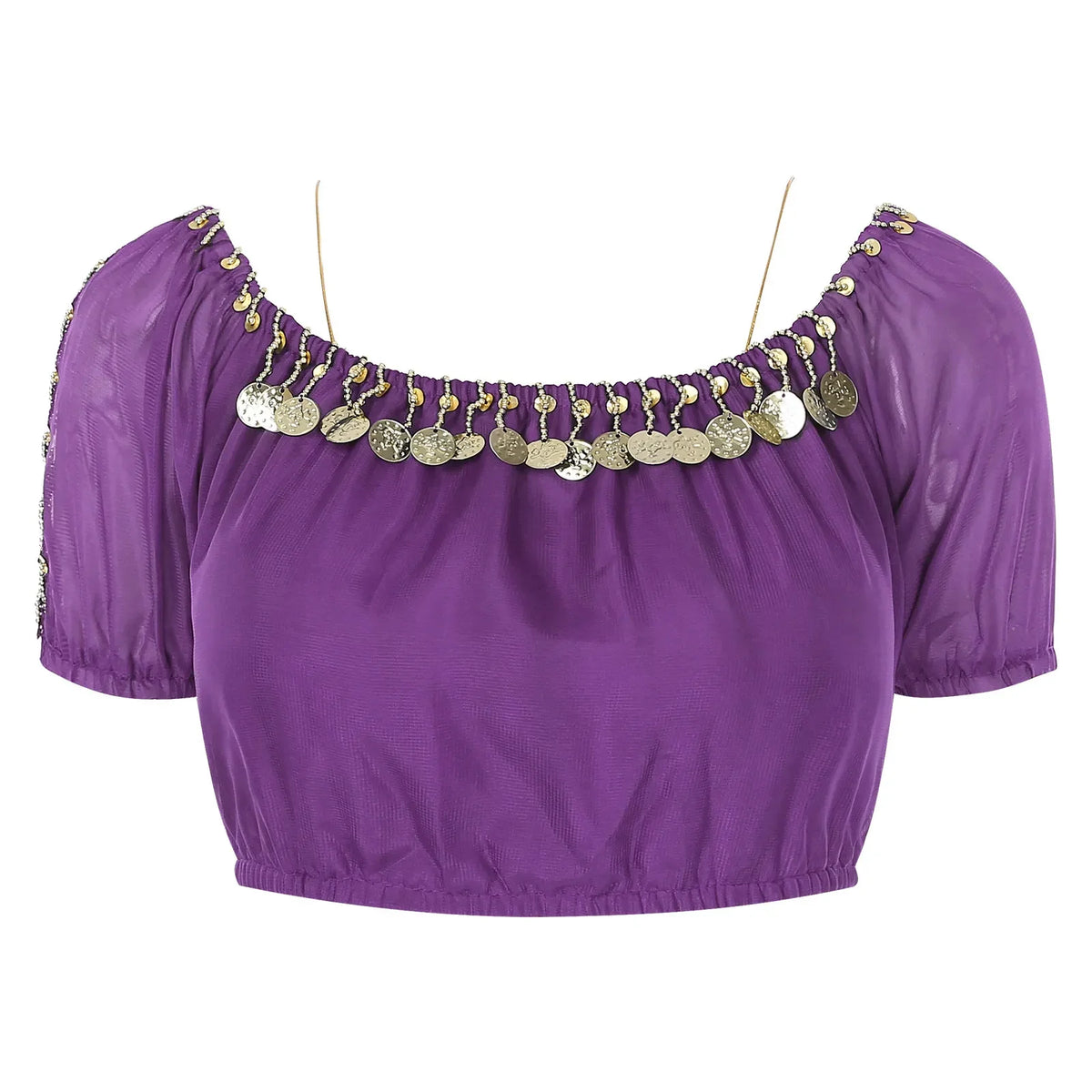 Shimmering short sequin top for women with oriental-inspired style, featuring intricate beadwork and vibrant details.