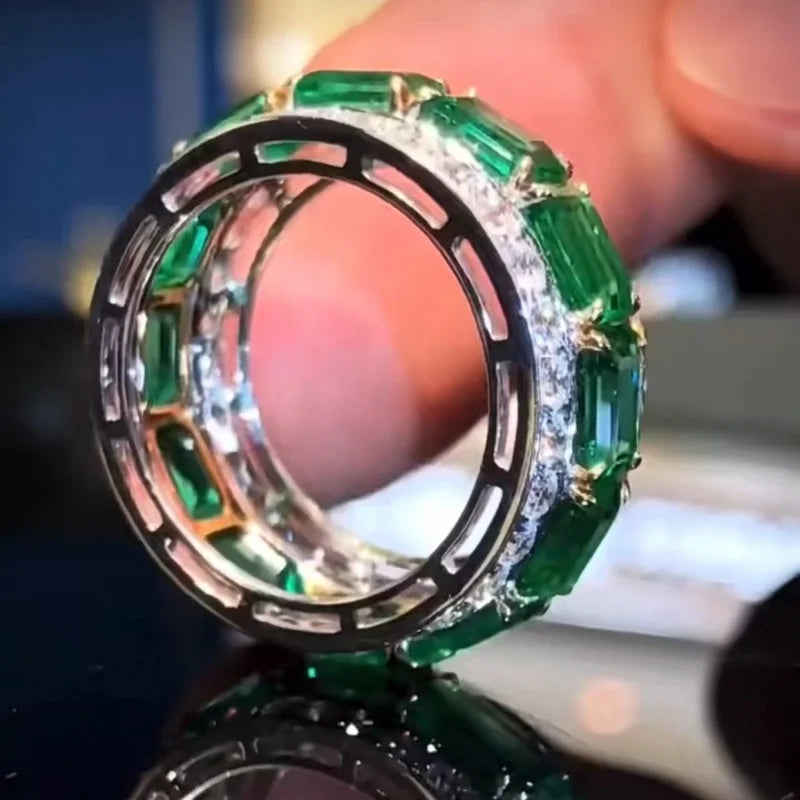 Anillos de boda cuadrados verdes con circonita completa d...