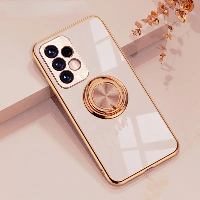 Samsung A56 A36 phone case with ring holder support, shiny gold plating, and durable protective cover by Corporación Turística.