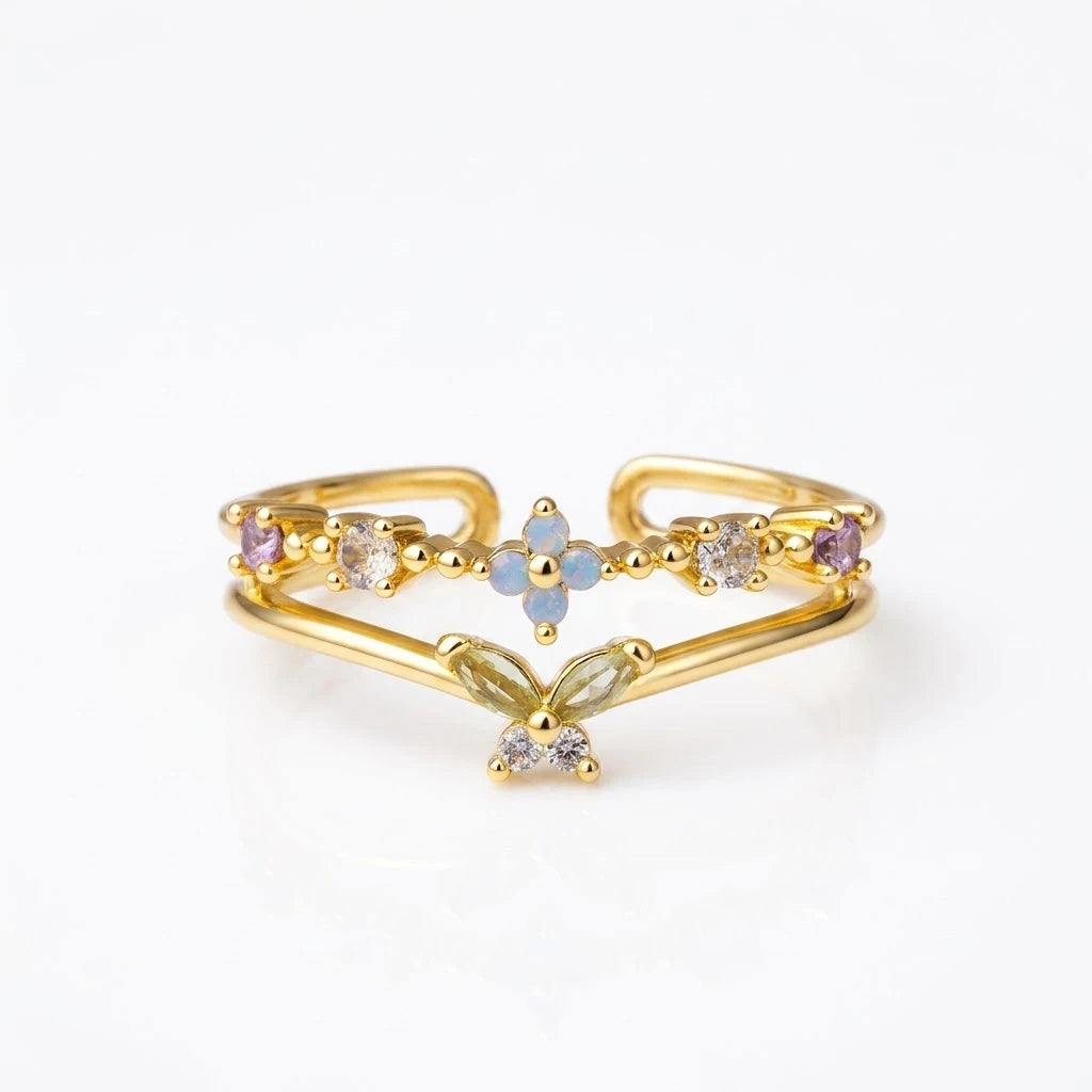Anillo Flor Circon Colorido Ajustable Mujer Moda Vintage Regalo Joyería
