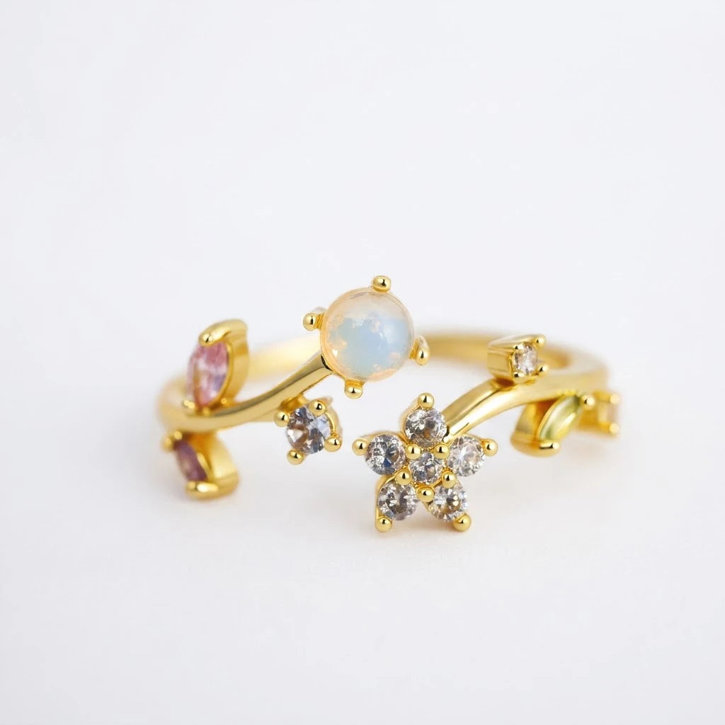 Anillo Flor Circon Colorido Ajustable Mujer Moda Vintage Regalo Joyería