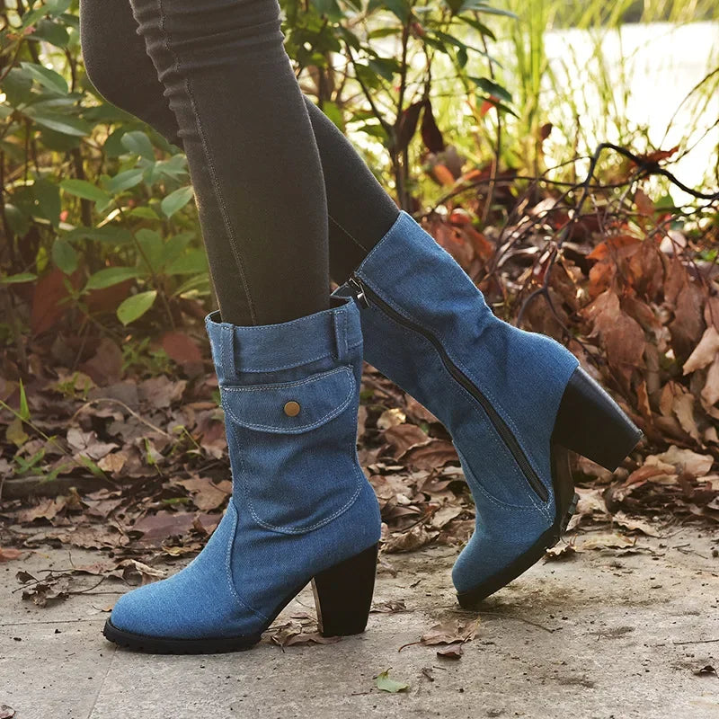 Botas De vaquero para Mujer, Zapatos individuales De tacó en denim, con tacón alto, ideales para el otoño.