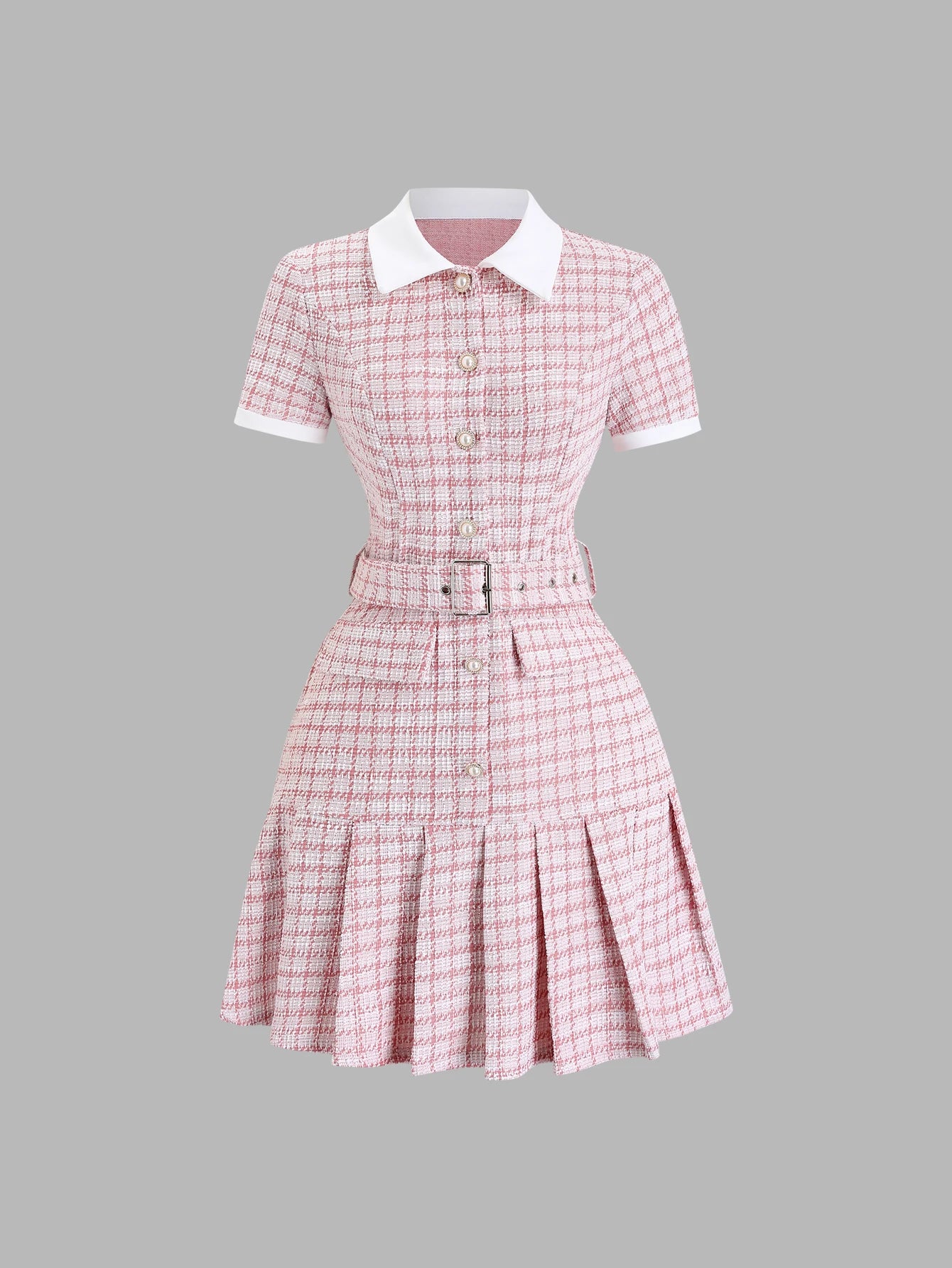 Minivestido a cuadros para mujer, manga corta, con cintur...