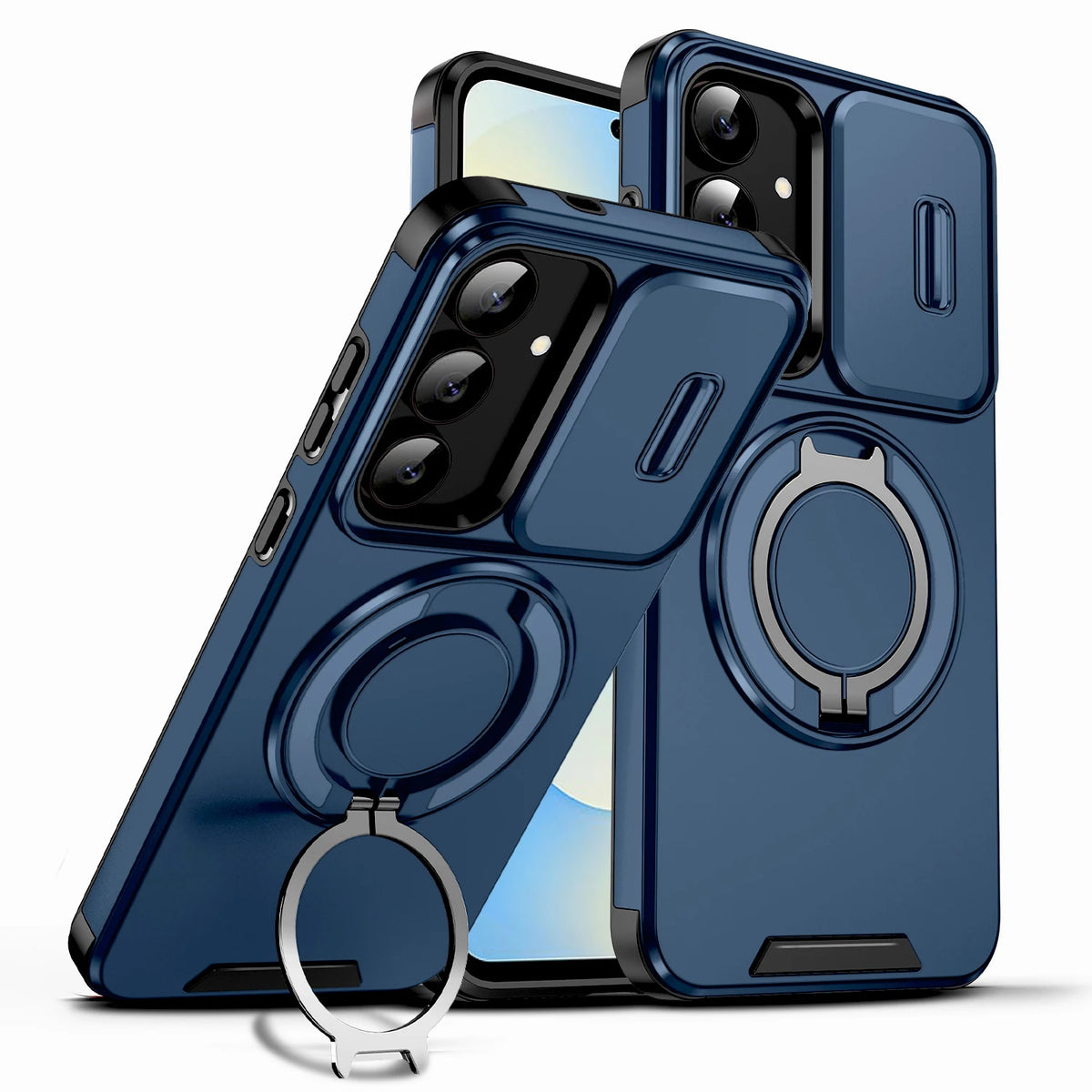 Samsung Galaxy A protective case with sliding cover and stand by Corporación Turística, showing the case's sleek design and opening mechanism.