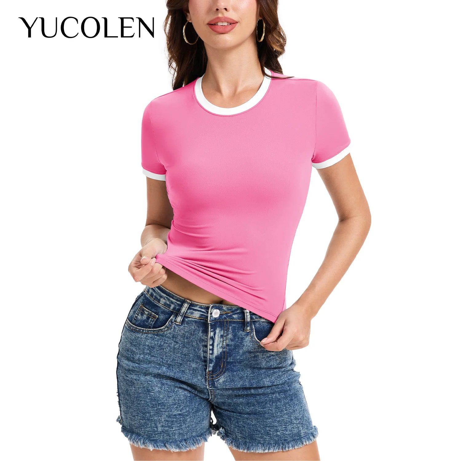 YUCOLEN Camiseta Corta Y2K para Mujer, Cuello Redondo, Ma...