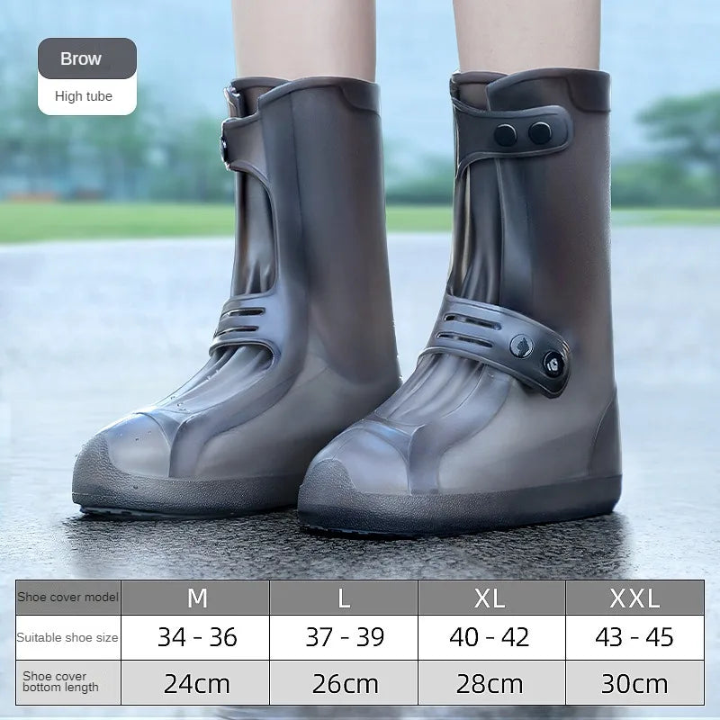 High waterproof silicone shoe cover by Corporación Turística showing a transparent, high-ankle design for outdoor protection.