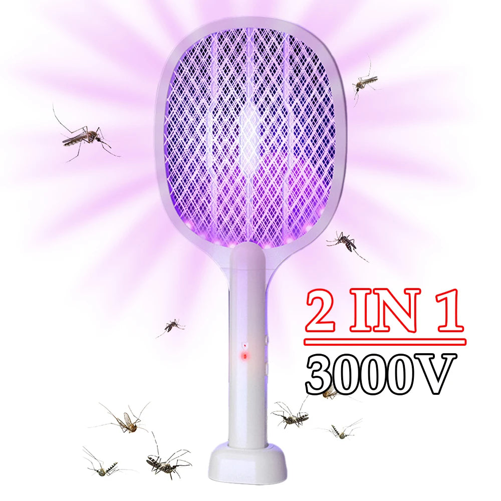 Matamoscas Eléctrico 3000V: Raqueta 2 en 1 con Lámpara Recargable