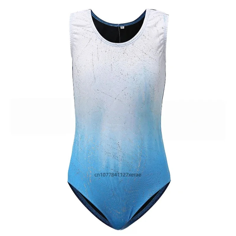 Danza leotard with vibrant warm-colored print by Corporación Turística, fitted design for dance performances.