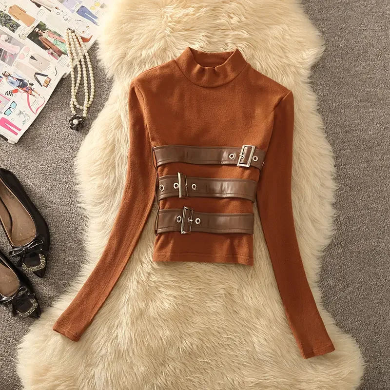 Top elegante de manga larga único de cuello alto para muj...