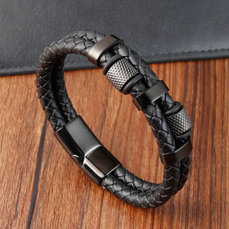 Pulsera Trenzada Hombre Cuero Acero Magnético JIAYUPENG