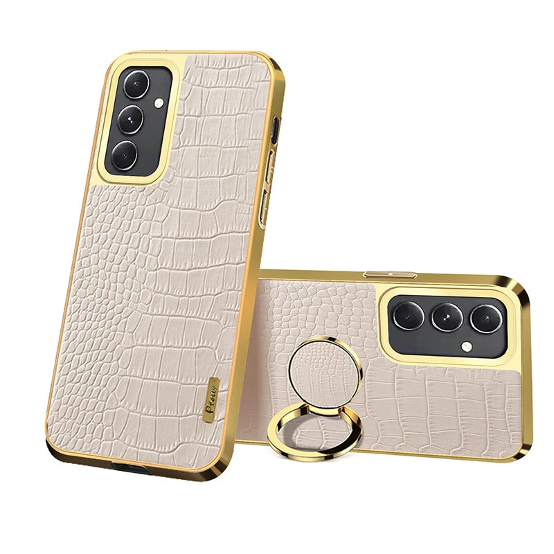 Leather phone case with 360° swivel ring from Corporación Turística, showing the textured leather surface and rotating ring feature.