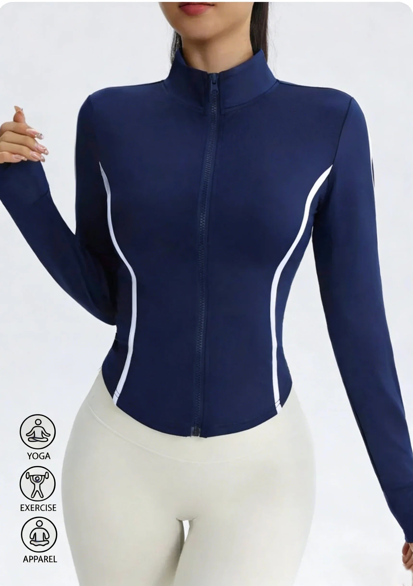 Chaqueta de yoga azul marino para mujer con costuras en c...