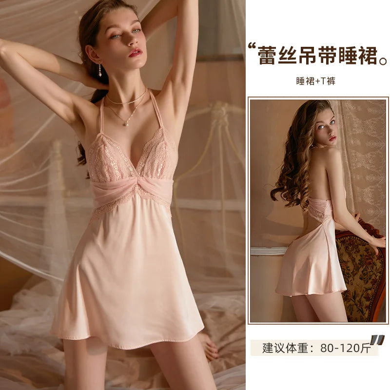 Sexy women's Xia Shen pajama with V-neck and spaghetti straps, featuring comfortable, stylish loungewear for women.