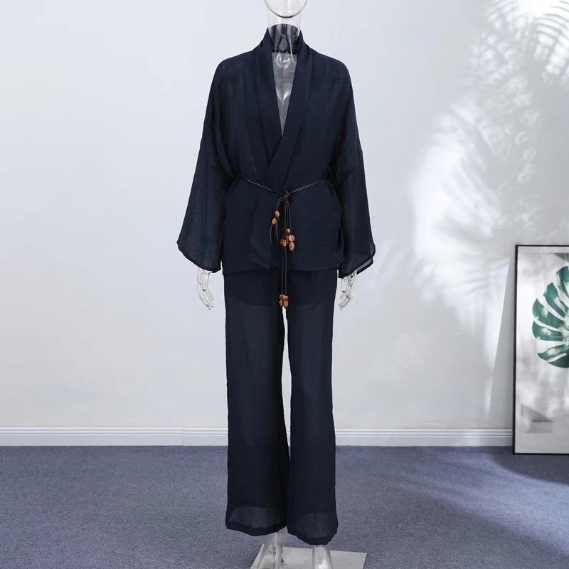 Conjunto Casual Mujer V-Neck Manga Ancha Lazo Pantalón Holgado
