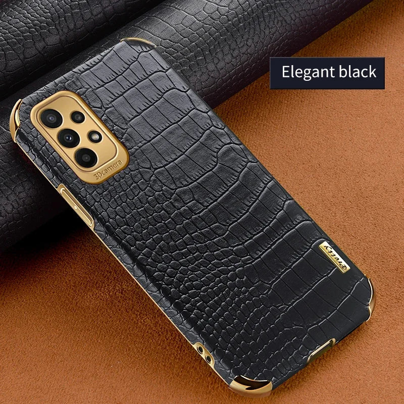 Leather crocodile-pattern phone case for Samsung Galaxy, featuring a textured design and precise cutouts for access.