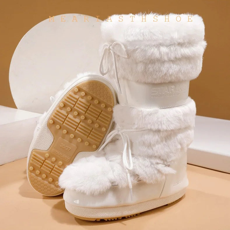 Botas de nieve de mujer con suela gruesa de piel sintétic...
