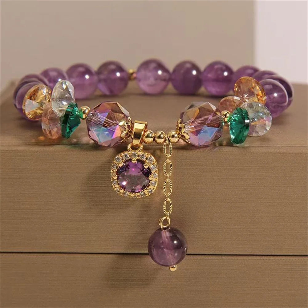Pulsera de cuentas naturales de cristal púrpura, diseño d...