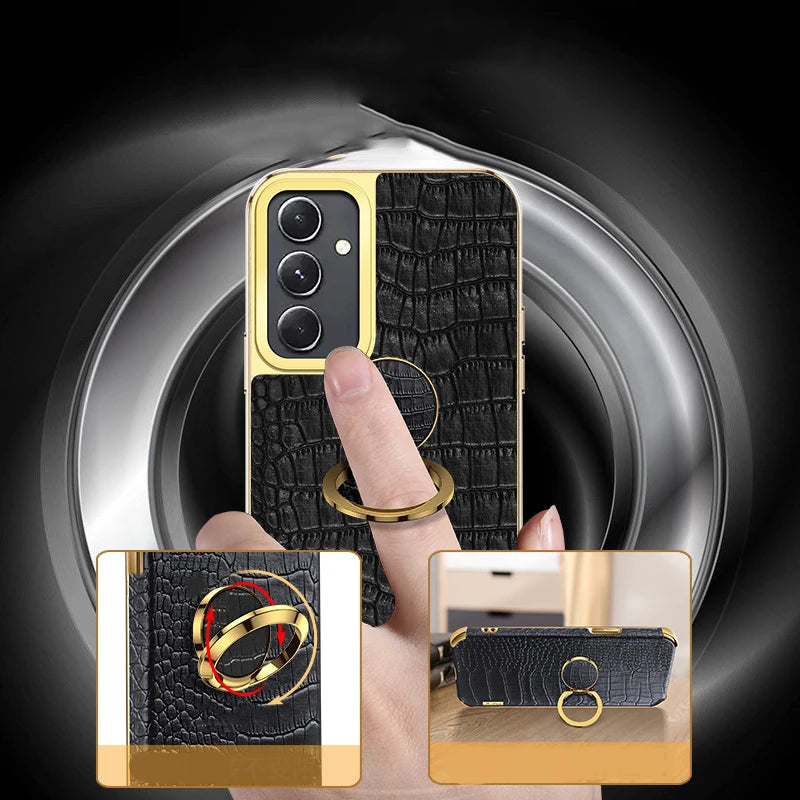 Leather phone case with 360° rotating ring from Corporación Turística, showing the textured leather surface and ring attachment.