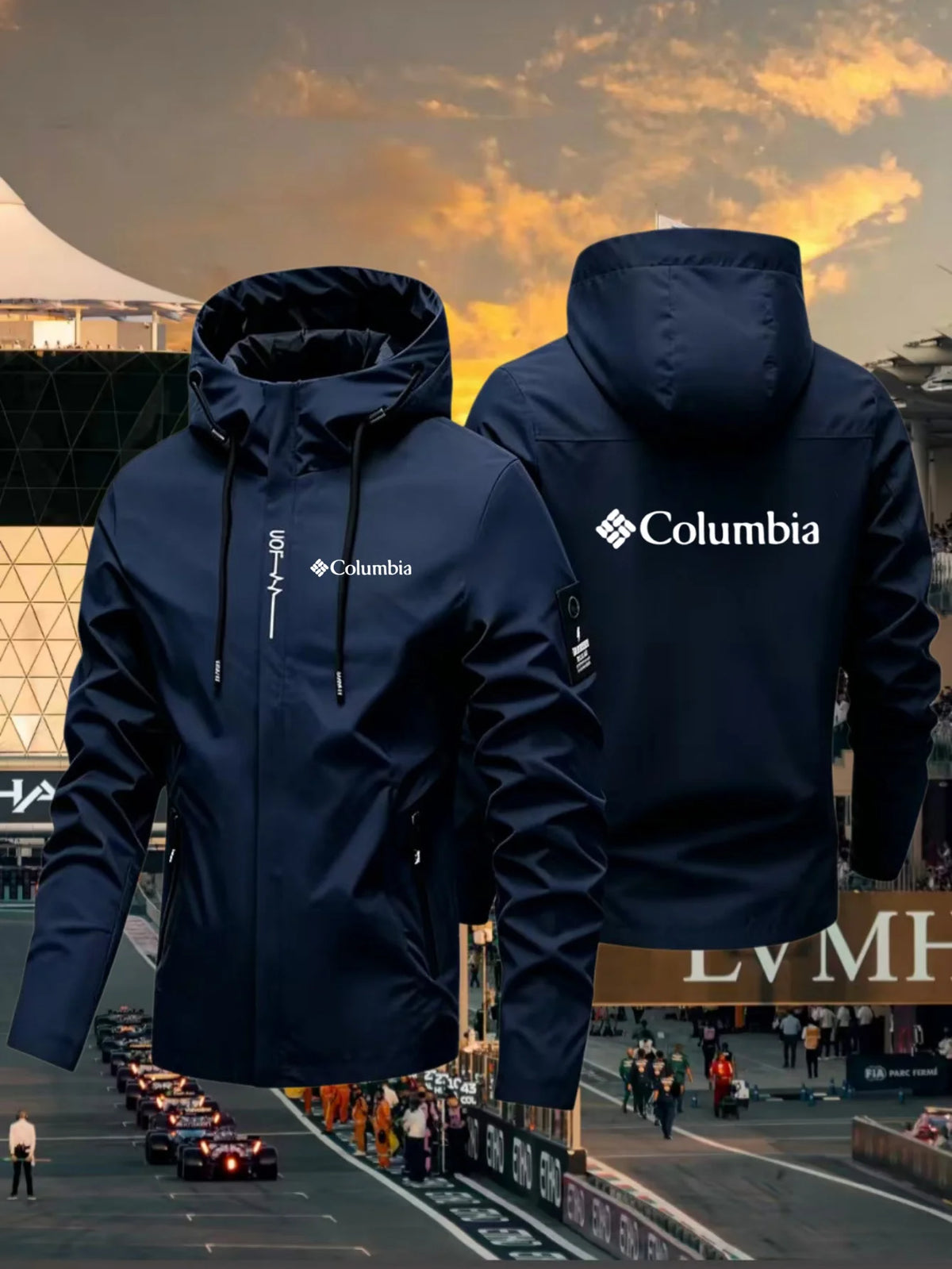 Men's lightweight waterproof jacket with hood by Corporación Turística, shown in a neutral outdoor setting.