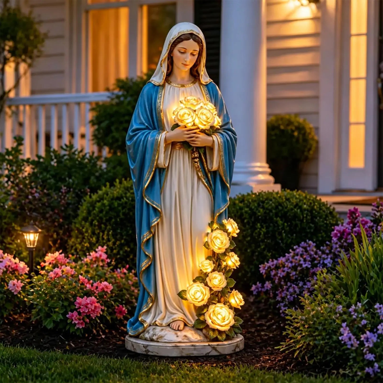 Estatua de la Virgen María para Jardín con Rosas Iluminad...