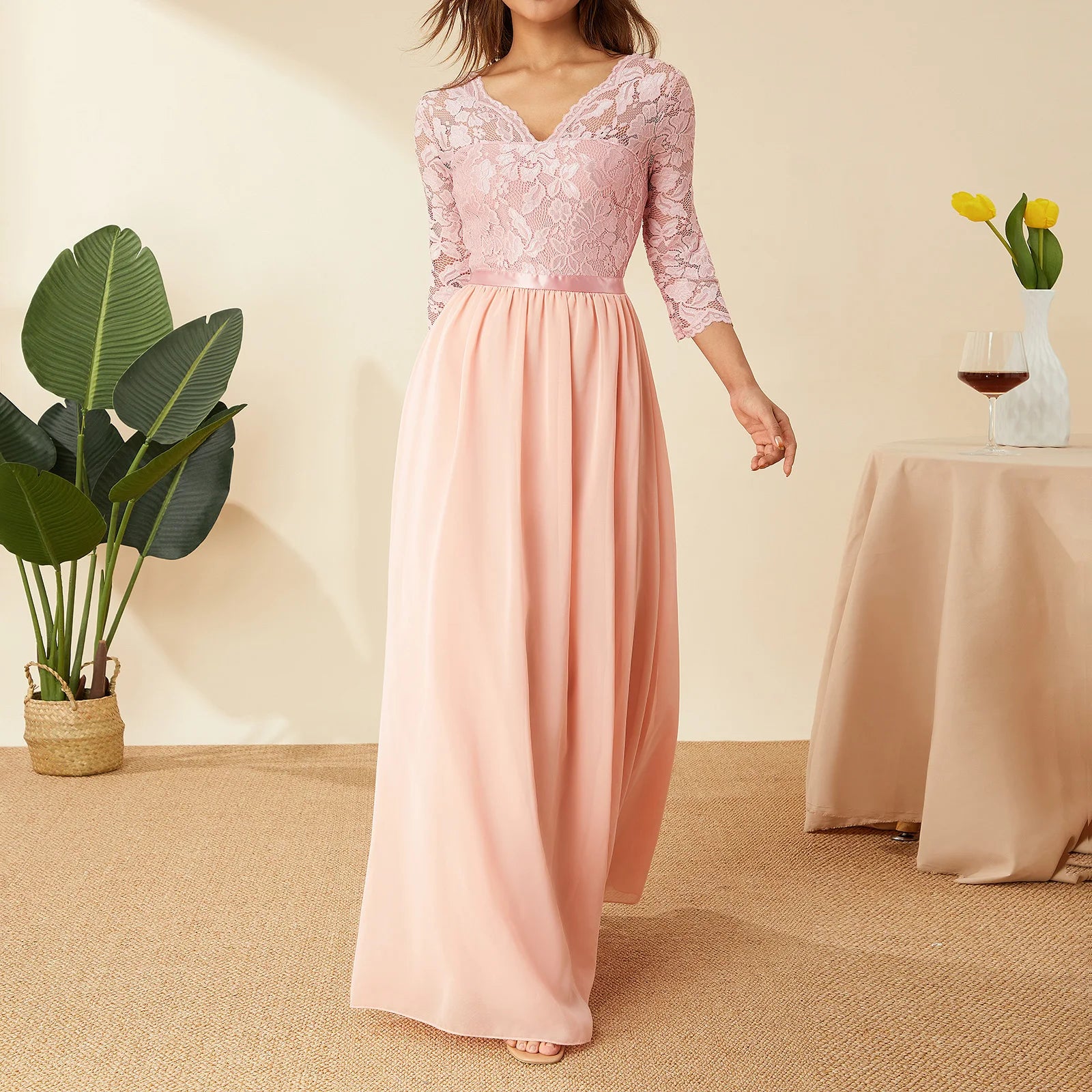 Vestidos largos elegantes de gasa de encaje, vestido de n...