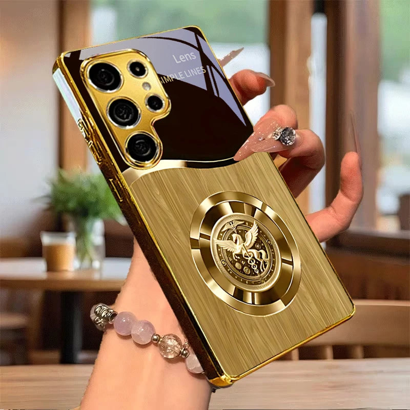 Golden phone case with retro metallic insignia, designed by Corporación Turística, featuring a sleek and stylish protective cover.