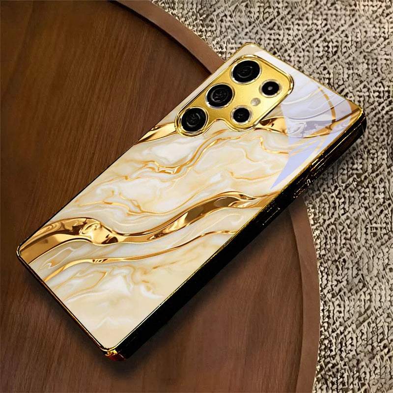 Golden phone case for Samsung A23, A33, A53, A73, A14, and A3 from Corporación Turística, shown on a smartphone.