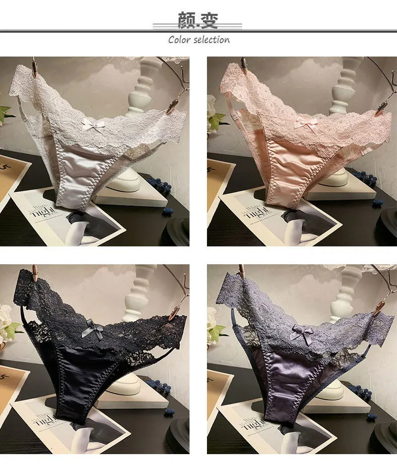 Set of four fashionable satin and lace underwear by Corporación Turística, featuring stylish, comfortable design and intricate lace details.