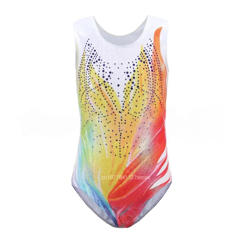 Form-fitting dance leotard with vibrant heat-printed pattern by Corporación Turística, designed for performance and style.