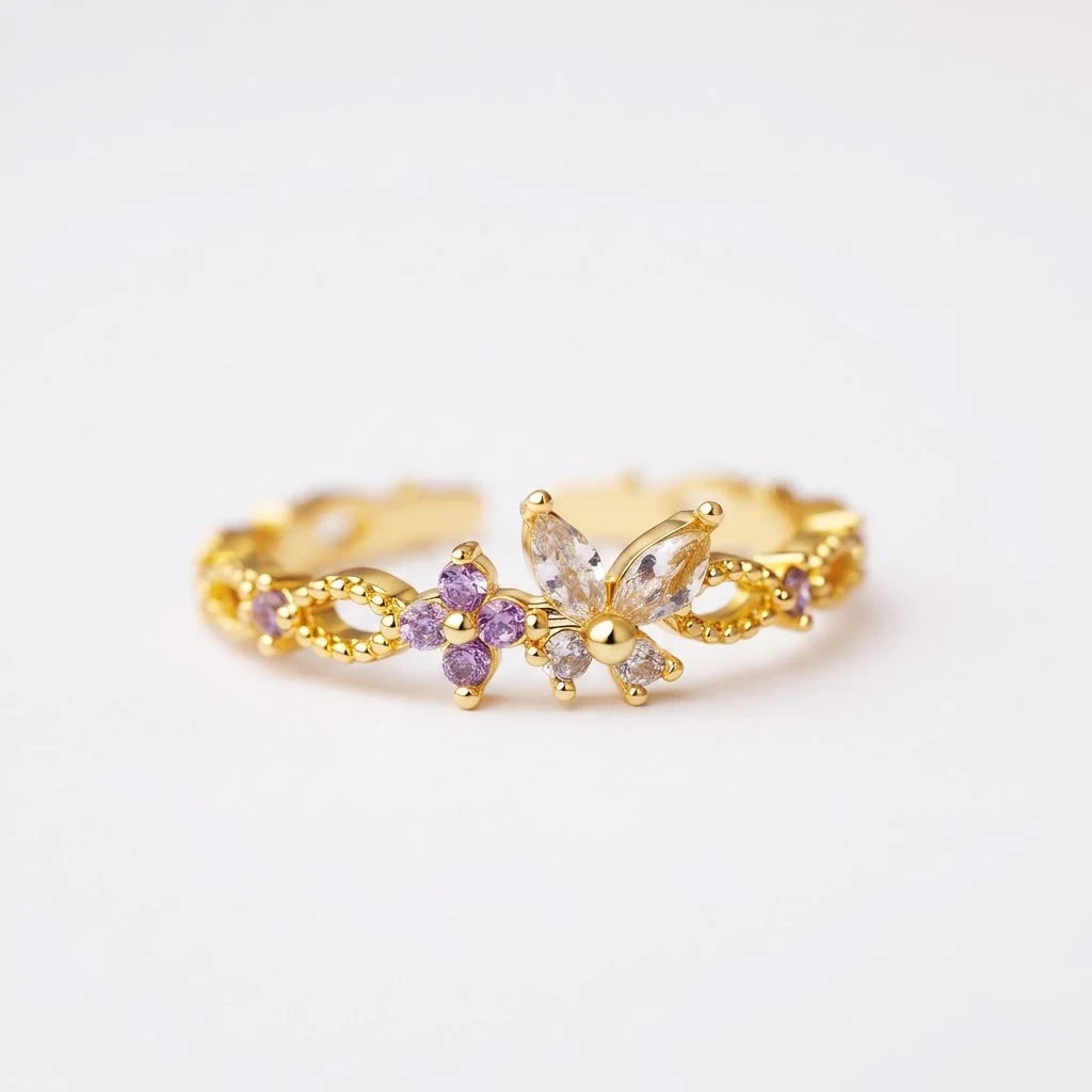 Anillo Flor Circon Colorido Ajustable Mujer Moda Vintage Regalo Joyería
