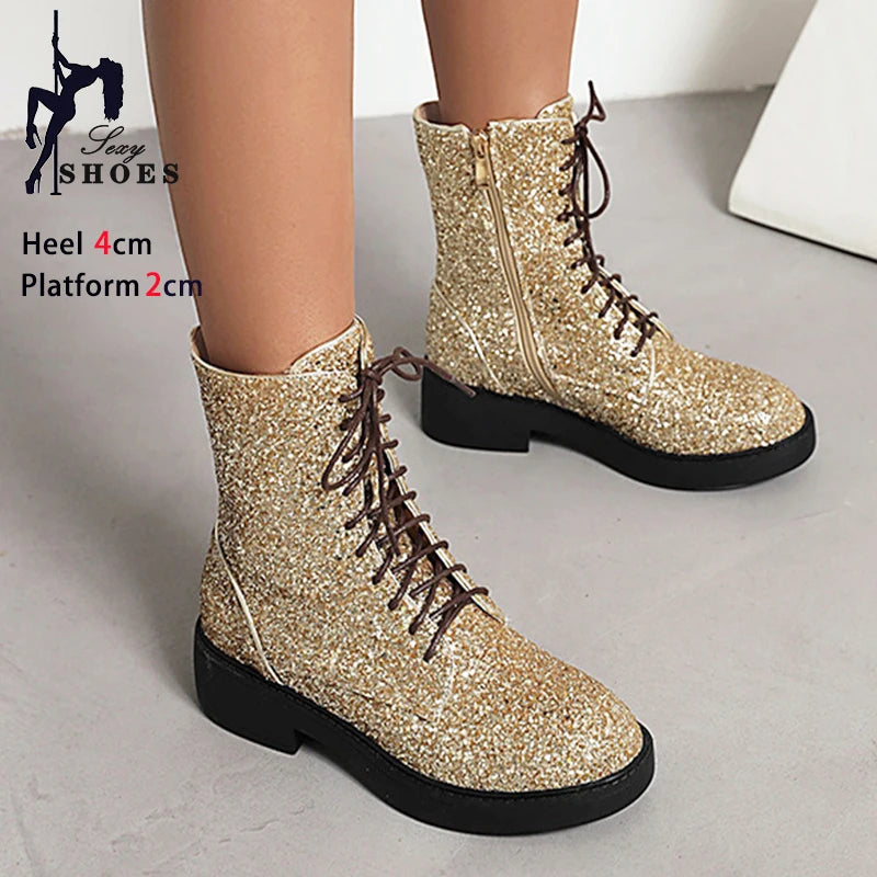 Botas cortas brillantes para mujer, zapatos informales de...