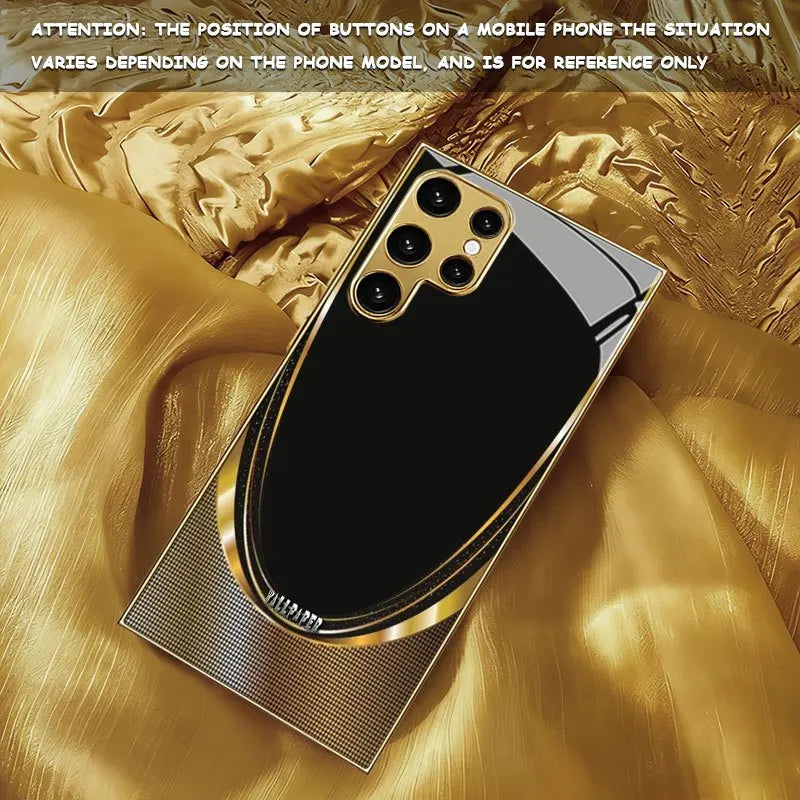 Clear glass phone case with shiny gold finish for added elegance, designed to fit a variety of smartphones.