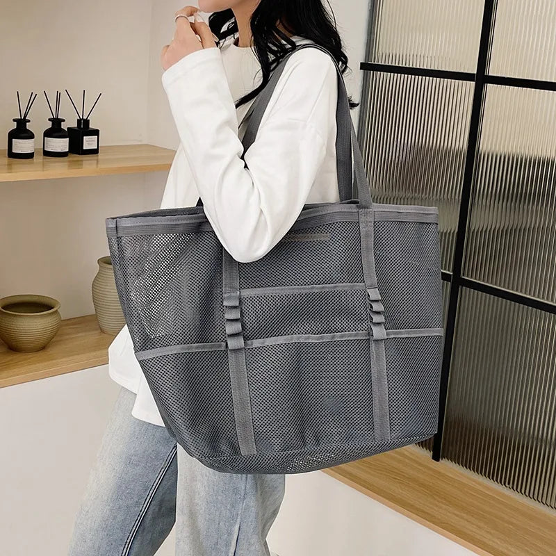 Bolso de Lona Grande Yogodlns: Elegante Tote Malla para Playa y Trabajo