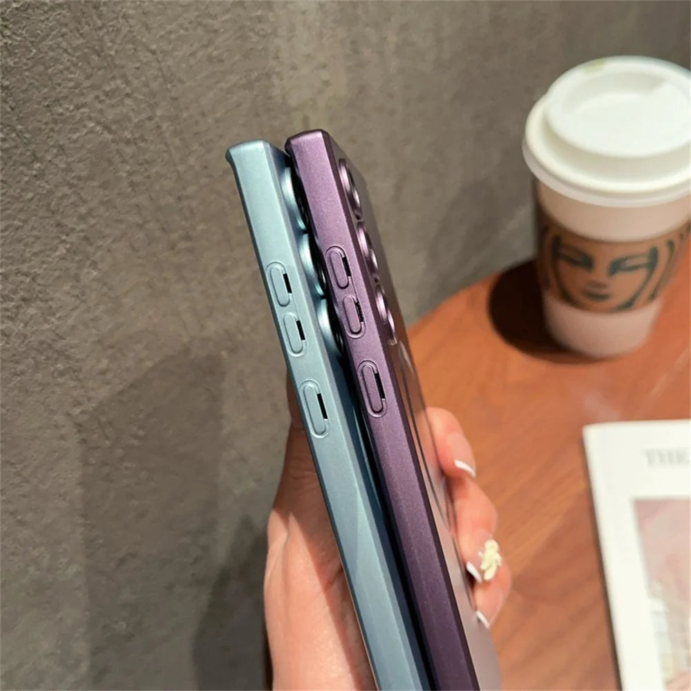 Metallic silicone MagSafe phone case from Corporación Turística, showcasing a sleek, shiny metallic finish and snug fit.