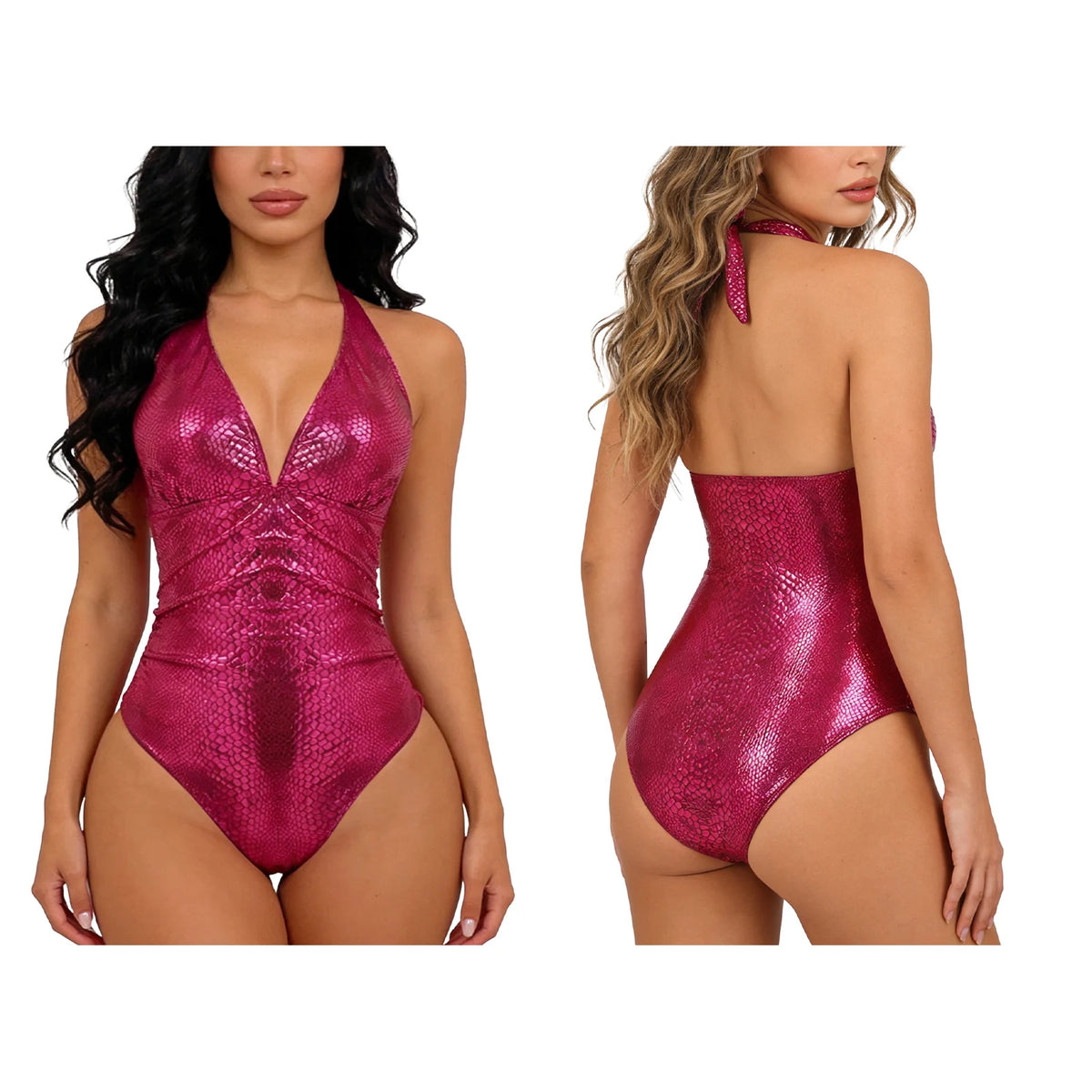 Shiny metallic women's swimsuit with colorful print, designed by Corporación Turística, shown on a model.