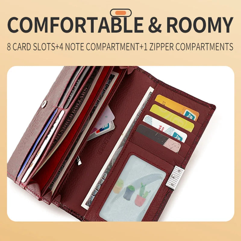 Long leather wallet by Corporación Turística featuring a shiny patent finish, shown open with multiple card slots and compartments.
