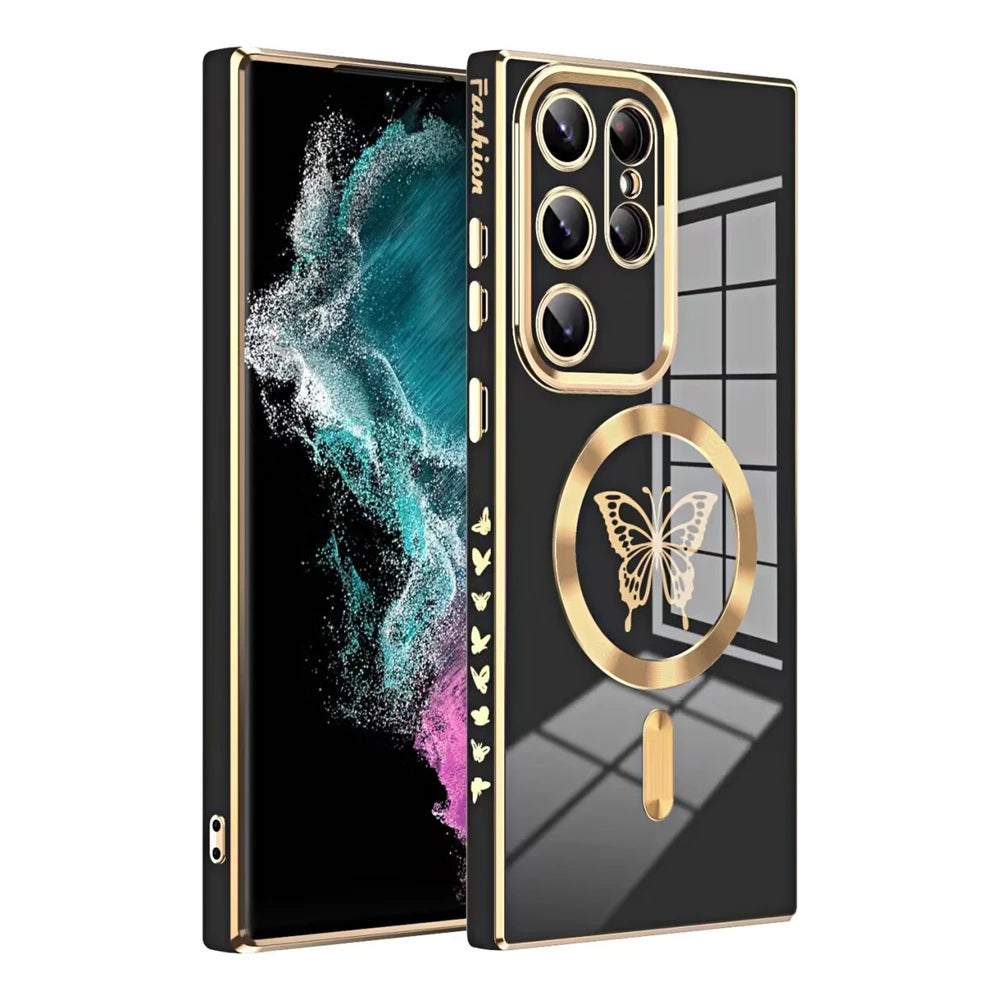Magnetic electroplated butterfly phone case for Samsung S series by Corporación Turística, featuring a decorative butterfly design.