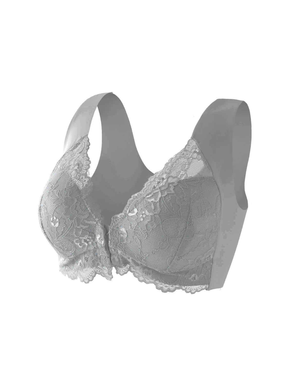 Lactation nursing bra with front clasp and lace details, designed for comfortable breastfeeding support.